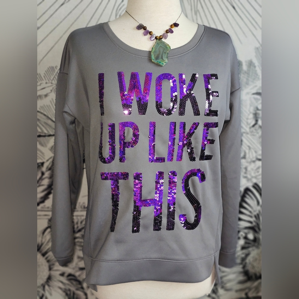 Juicy Couture Gray Sweatshirt with Purple Sequins 'I Woke Up Like This' Sz Large
